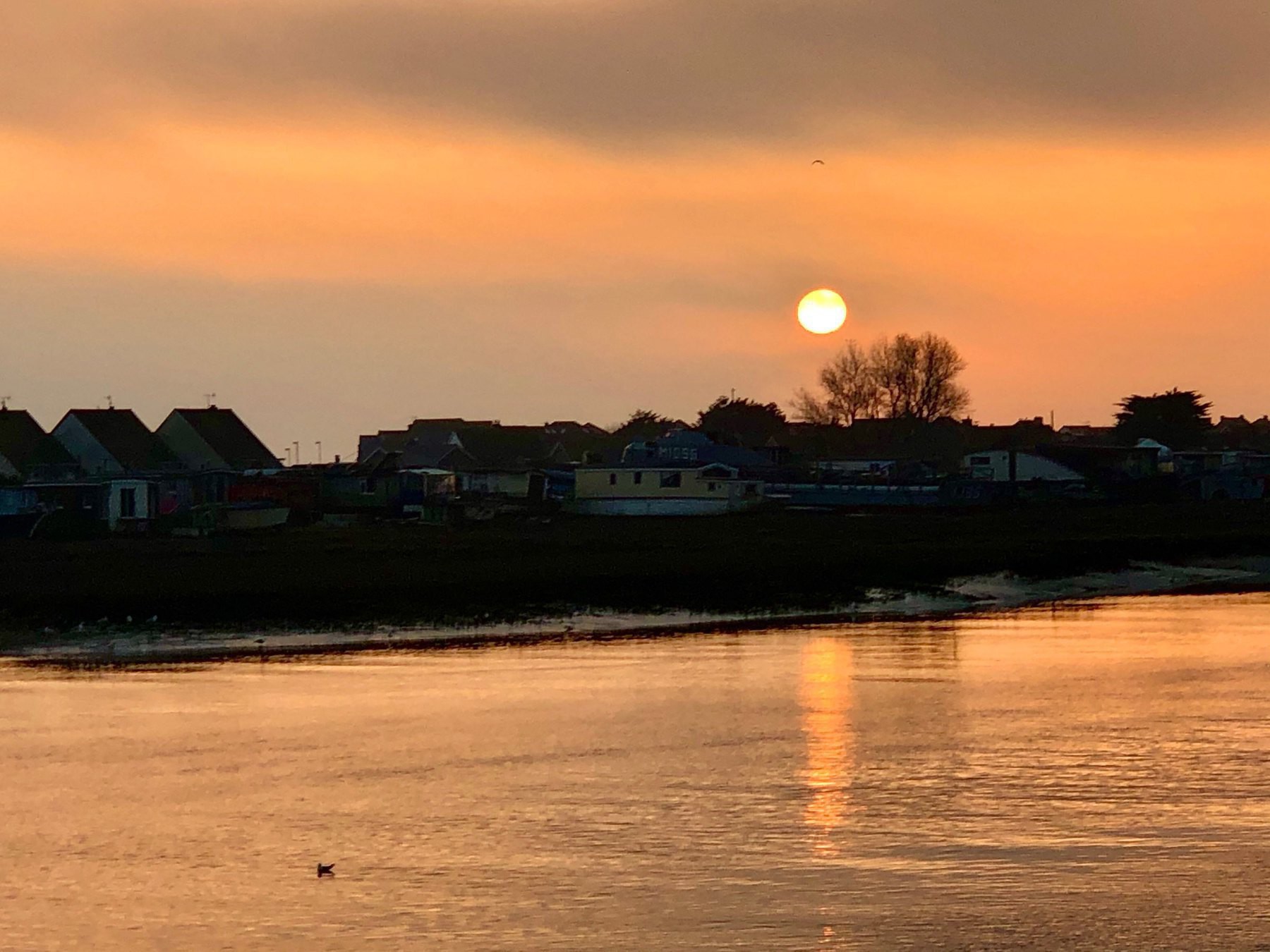 the sun sets over the Shoreham-by-Sea houseboats. 