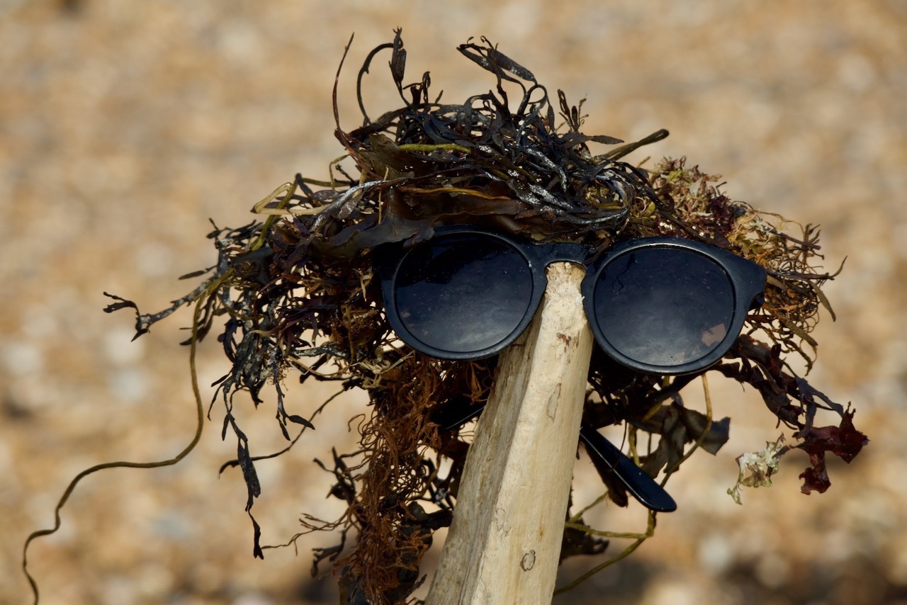 A figure made of seaweed, driftwood and old sunglasses. 