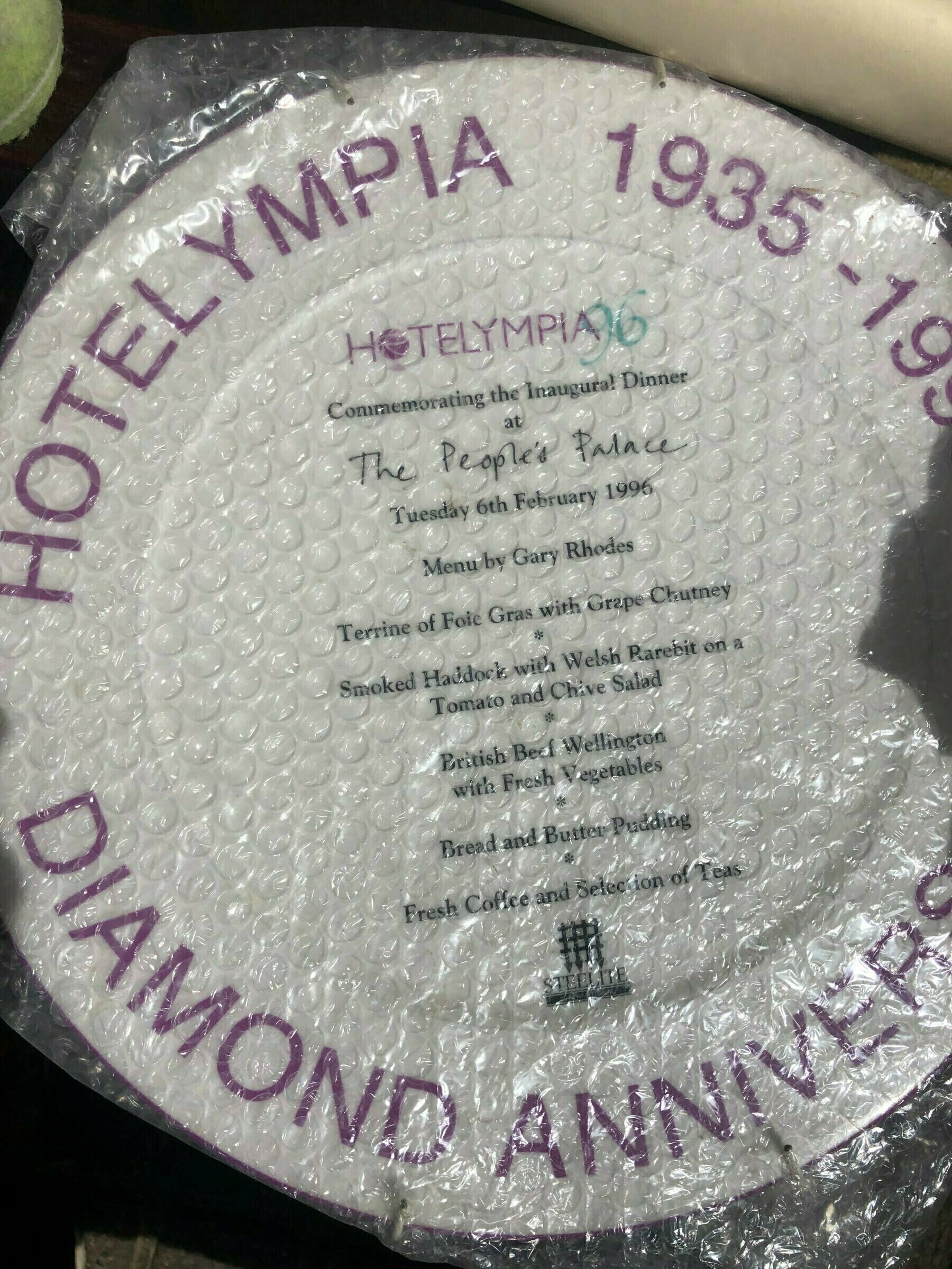 A Hotelympia commemorative playe from 1996, featuring a Gary Rhodes meal. 