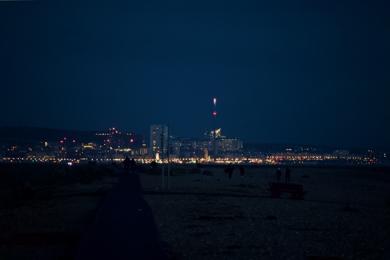 The lights of Brighton, viewed from Shoreham Beach. 