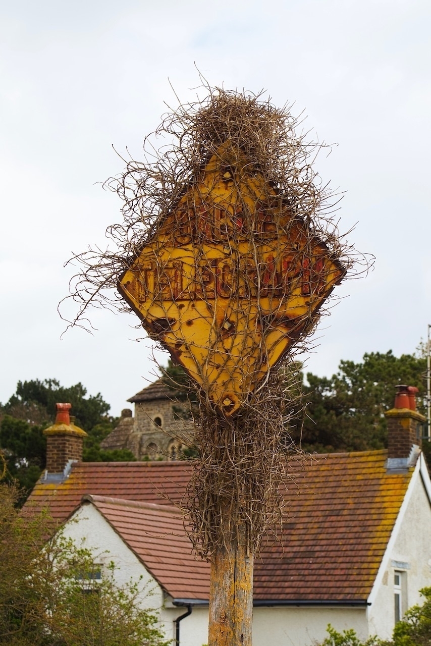 An overgrown, rusted cable telephone sign in Shoreham-by-Sea