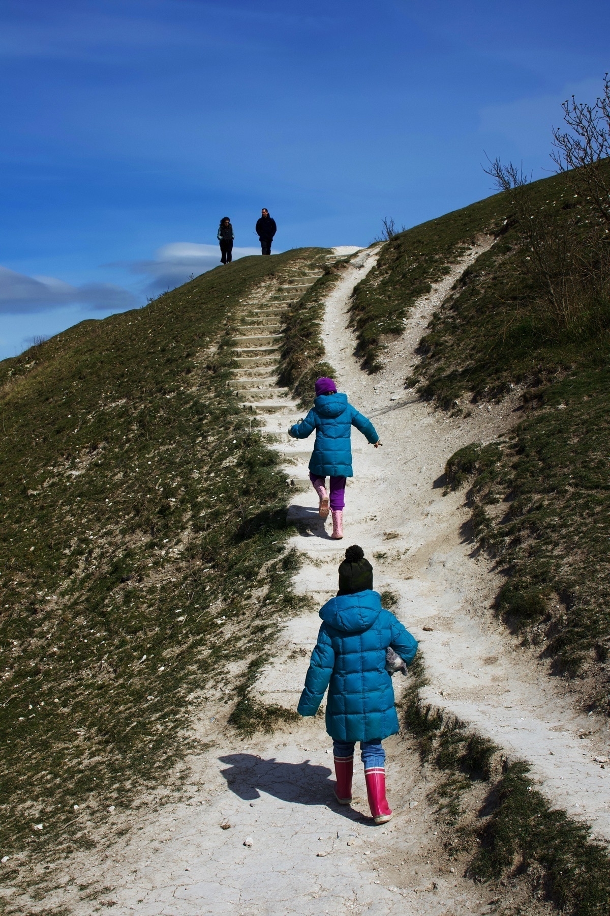 People climbing up the steps to Cissbury Ring.