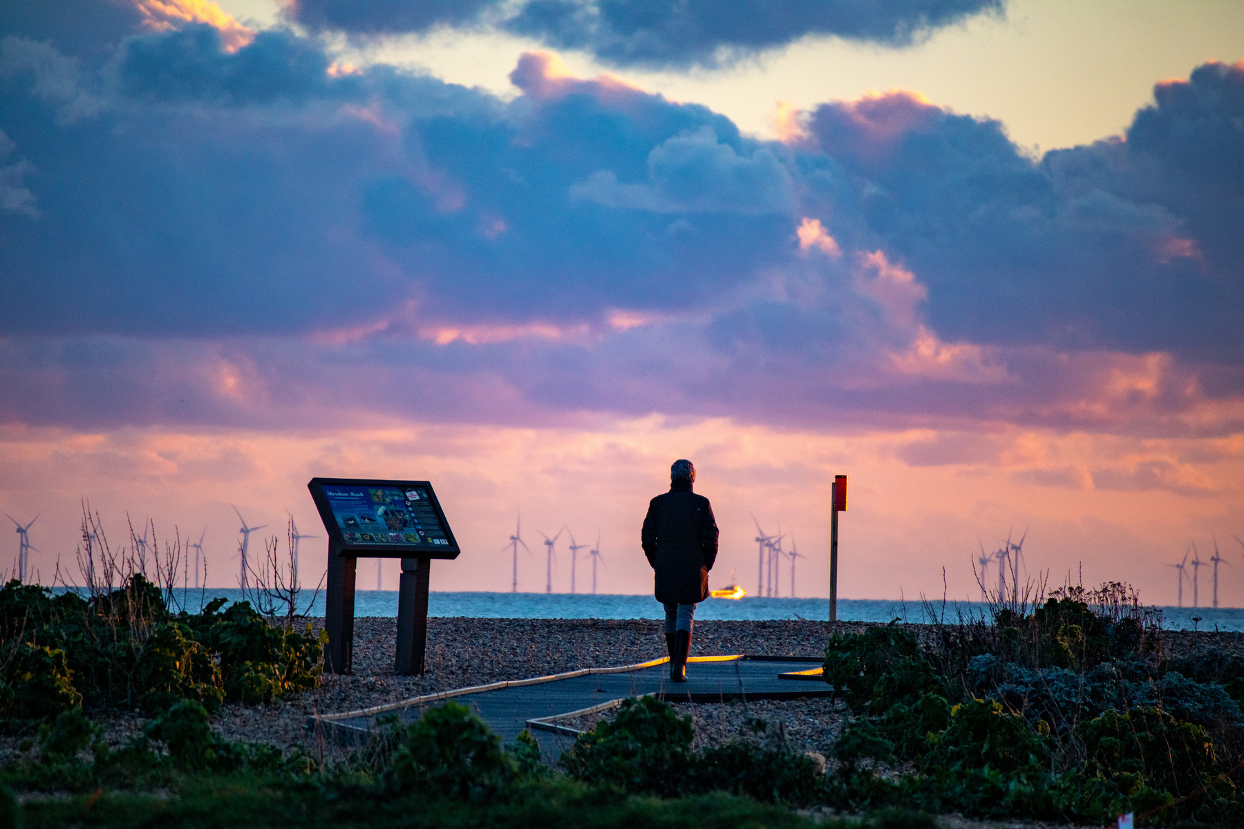 Evening light on Shoreham Beach, looking towards Rampion Wind Farm