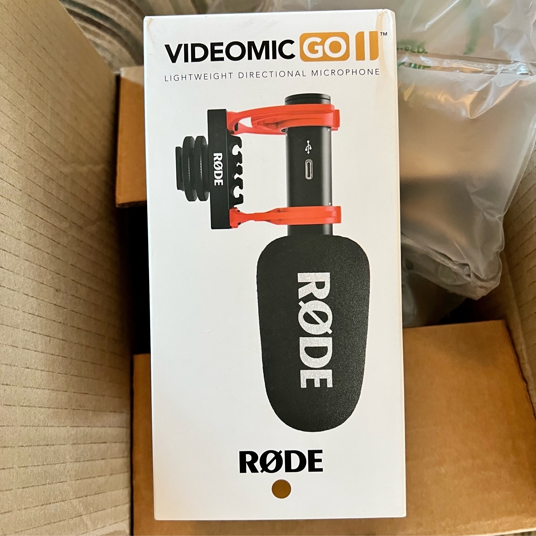 The Rode VideoMic Go II, boxed. 