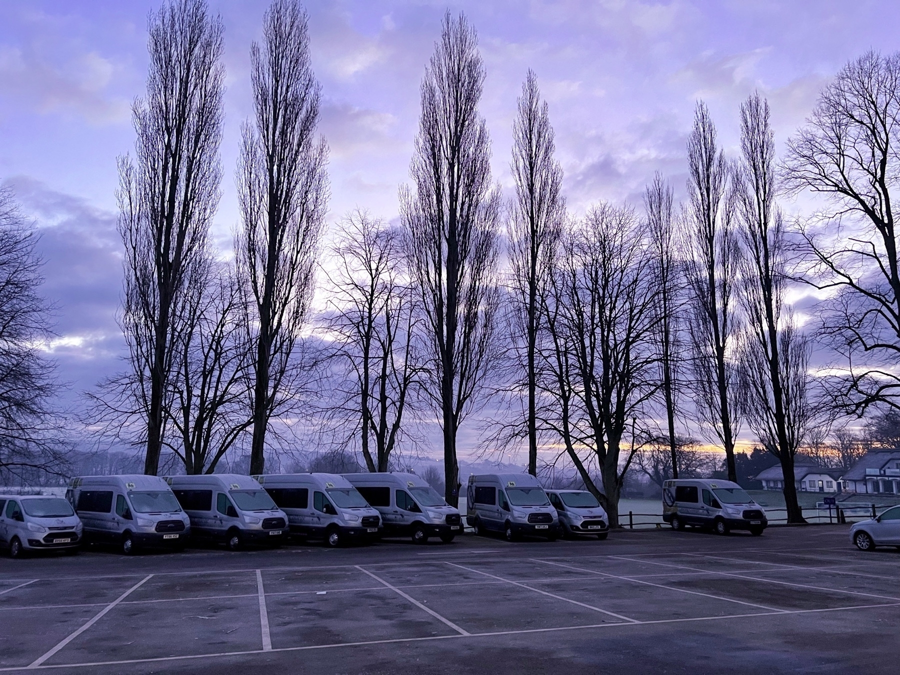 Trees and college vans just pre-dawn at Lancing College. 