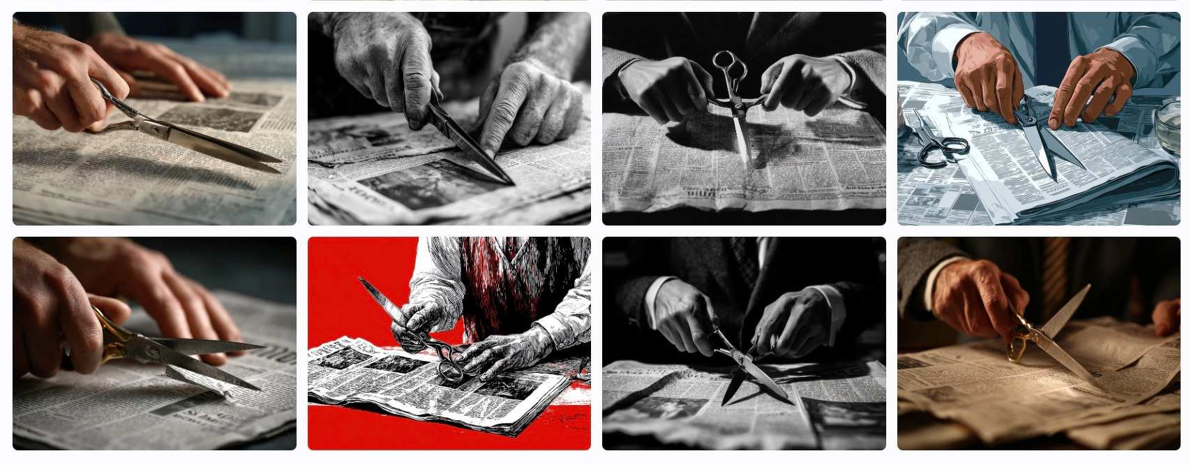 Various hands are shown cutting newspapers in implausible ways with scissors in different artistic styles and lighting.