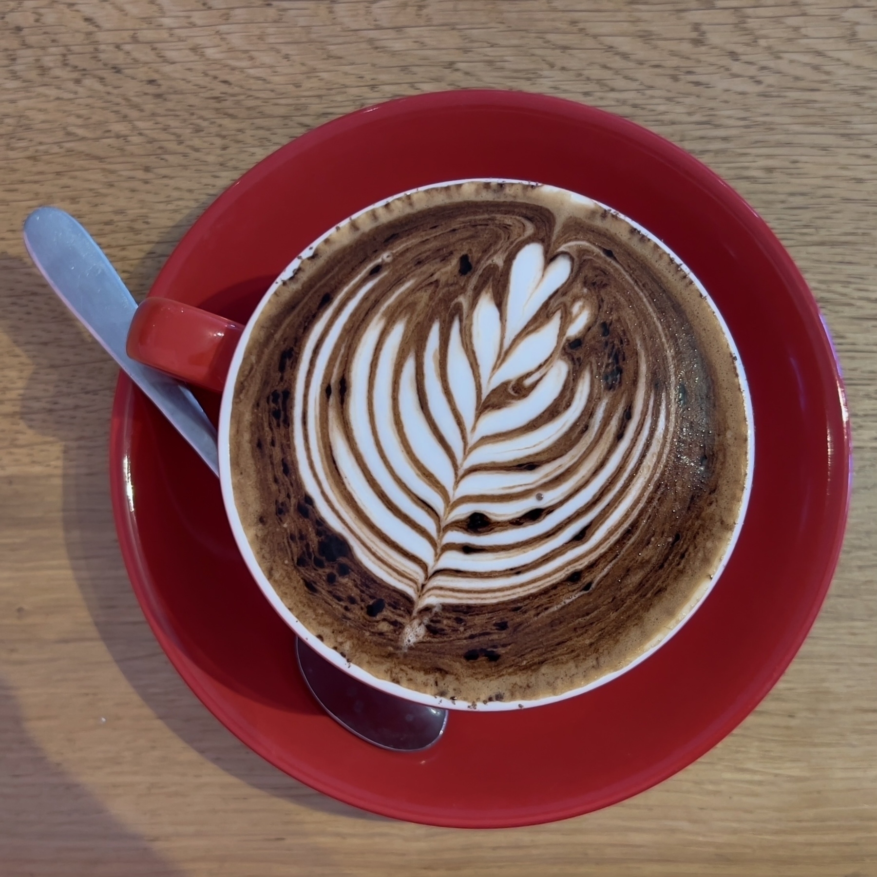 A mocha with intricate latte art in the shape of a leaf is placed on a wooden table in a red cup and saucer.