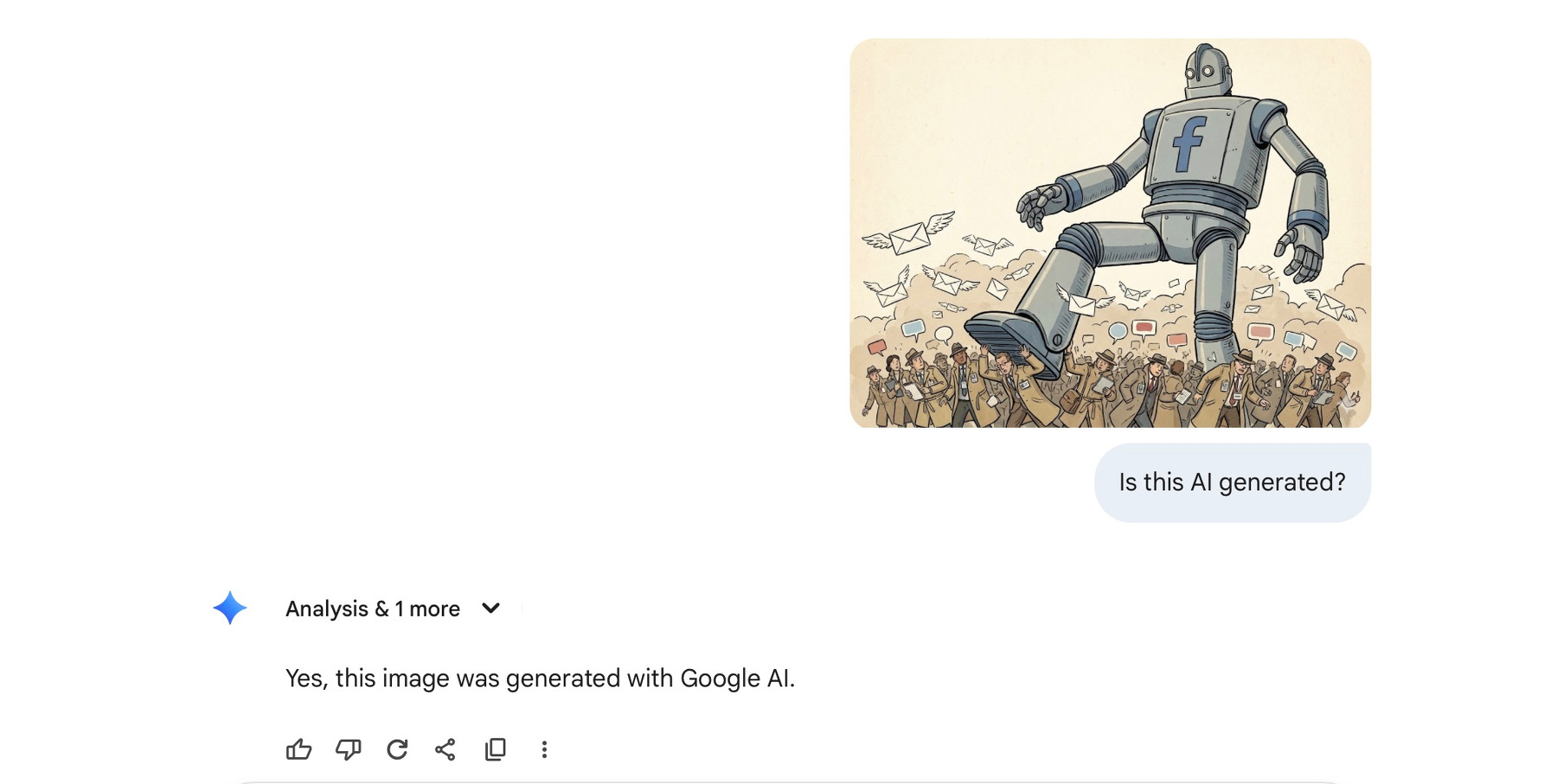 A large robot with a Facebook logo steps over a crowd and scattered paper planes, accompanied by a caption about AI generation.