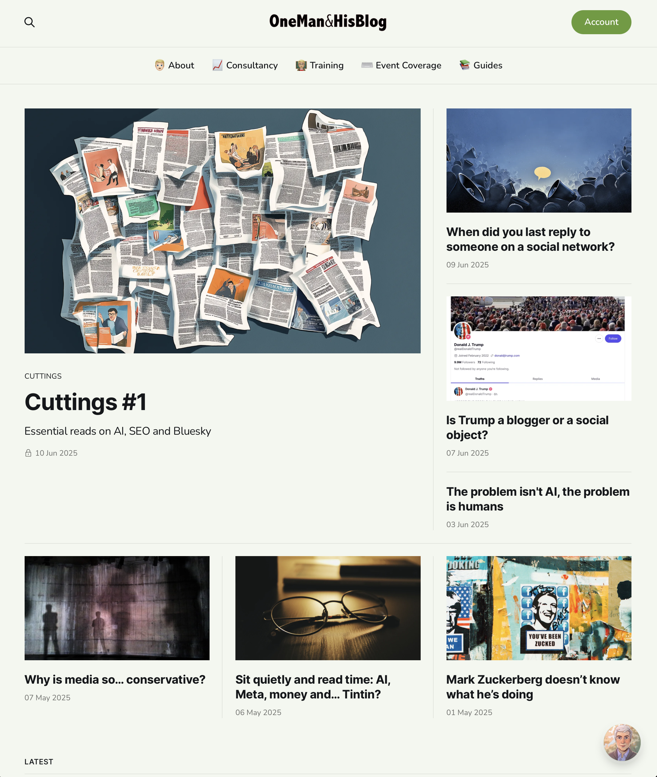 The homepage design of One Man & His Blog, hosted on ghost(pro).