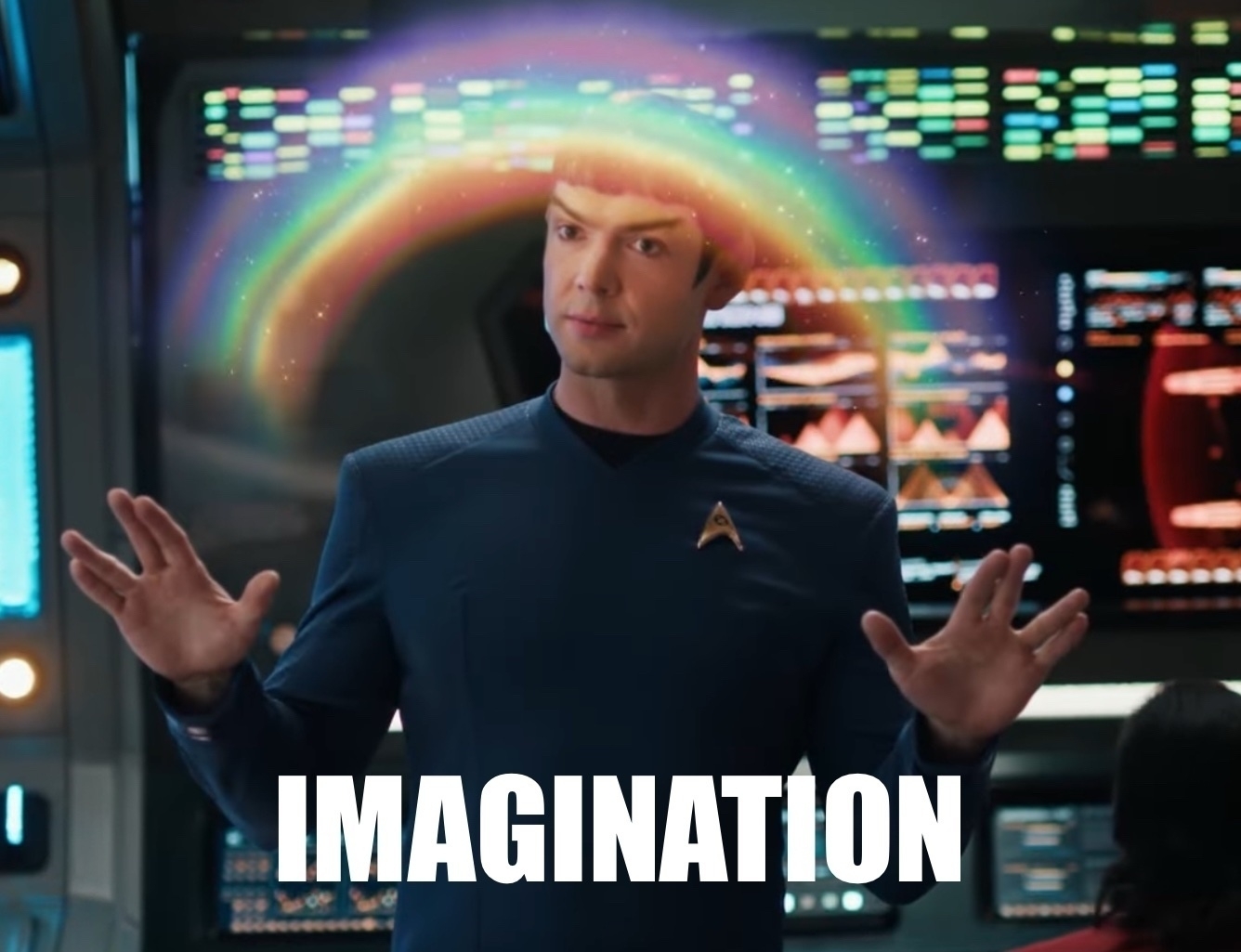 Young Spock in a blue Star Trek uniform is making a gesture with a rainbow spanning over their head, with the word "IMAGINATION" below.