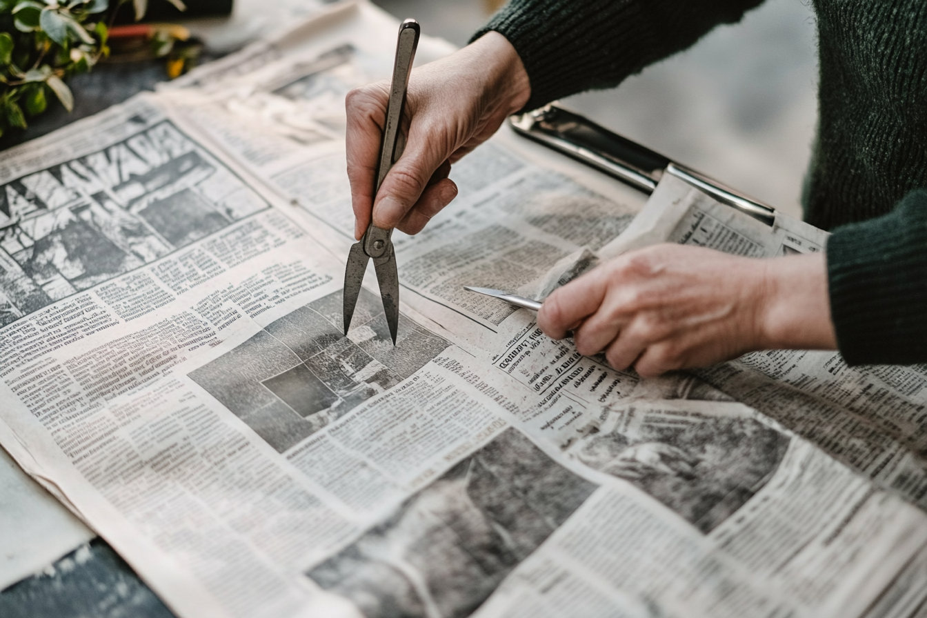 A high-angle shot shows a person's hands holding an old pair of metal scissors, cutting out a square from a newspaper spread open on a table. Another piece of newspaper, already cut, is held in the person's other hand. The newspaper appears to be in a foreign language.