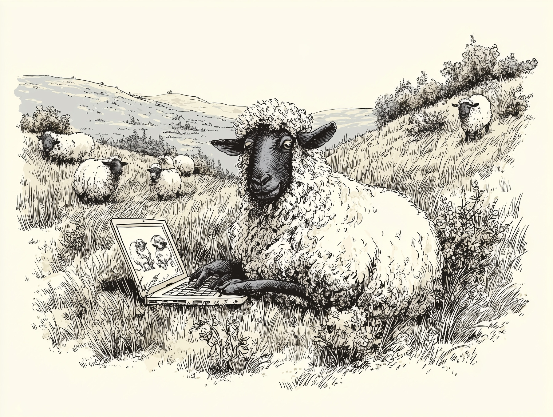 A sheep is lying in a field using a laptop, surrounded by other sheep, with a scenic landscape in the background. AI-crreated.