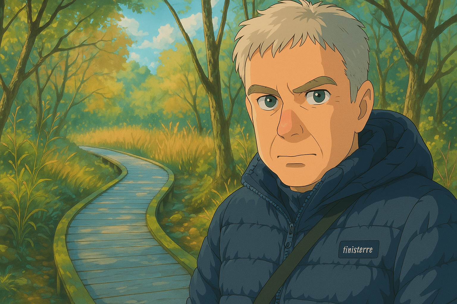 Adam Tinworth on a boardwalk in wetlands, rendered in Studio Ghibli style.