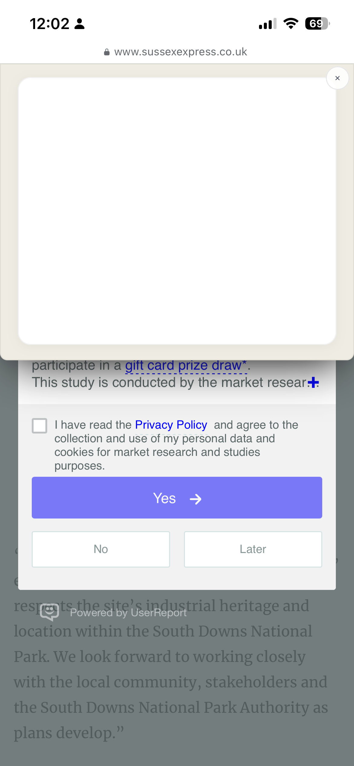 A consent form is displayed asking for agreement to the Privacy Policy and use of personal data for market research, with options to select Yes, No, or Later.